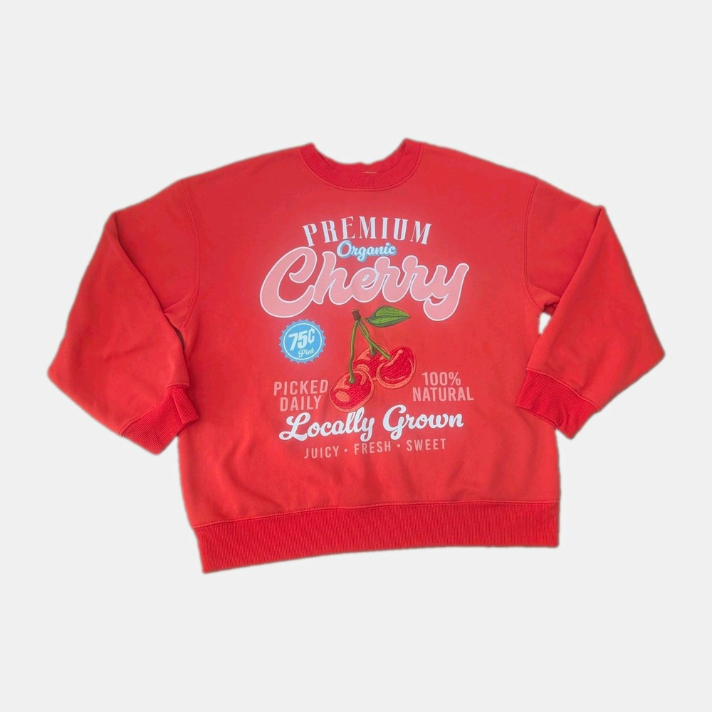 Wound Up Girls Large Cherry Graphic Red Crewneck Sweatshirt Embroidered